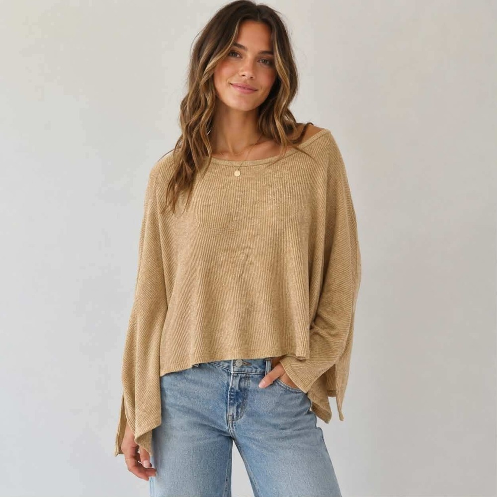 Altar'd‎ State Honey Tan Ribbed Knit Dolman Sleeve Oversized Top XL Boho Cropped
